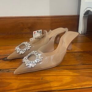 Zara Embellished Pointed-Toe Slingback Pumps (Nude) NWT